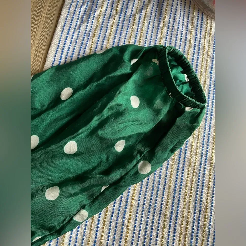 J Crew Midi Dress Women's Green White Polka Dot Long Sleeve  Sweetheart Sz 4
